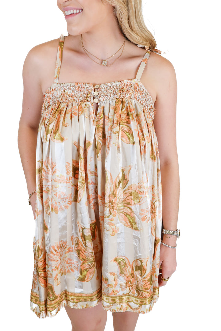Free People Taupe & Coral Floral Stripe Silky Romper (XS)