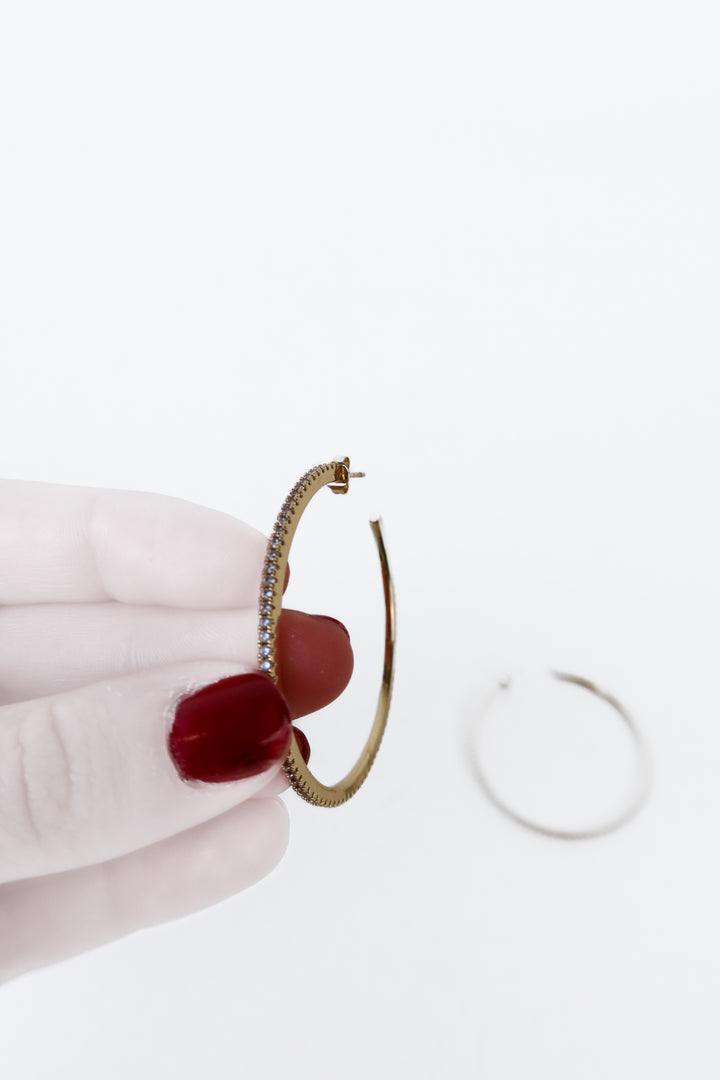 Gold/Pave Crystal Medium Open Hoop Earrings