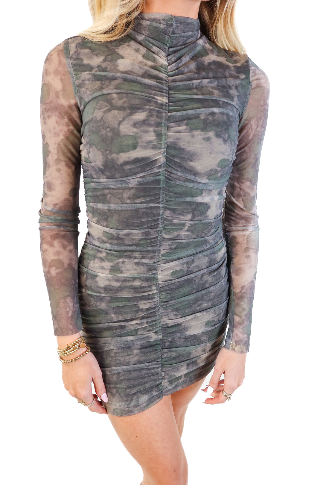 Zara Camo Tie Dye Ruched Mini Dress (XS)