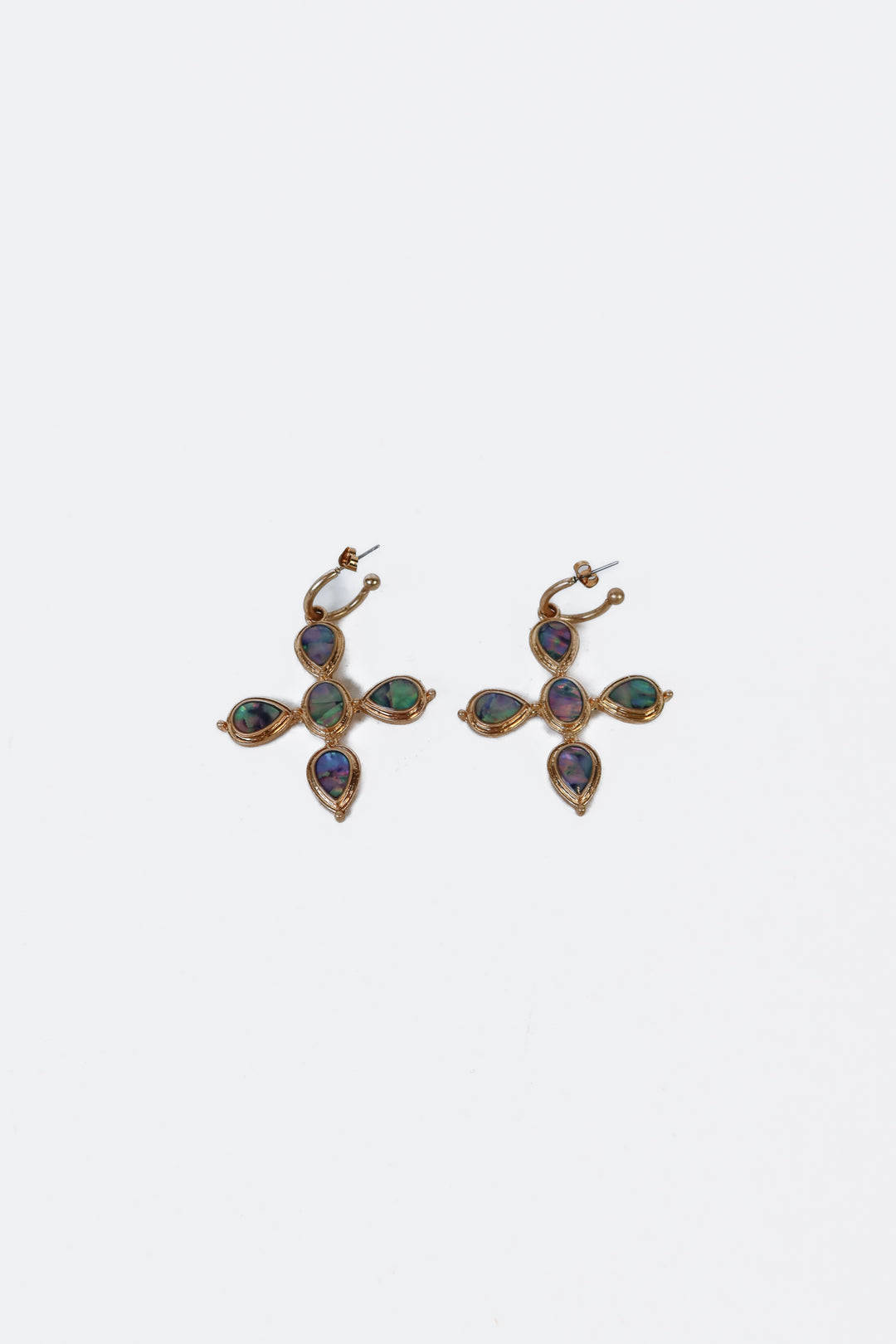Gold/Iridescent Stone Cross Dangle Earrings