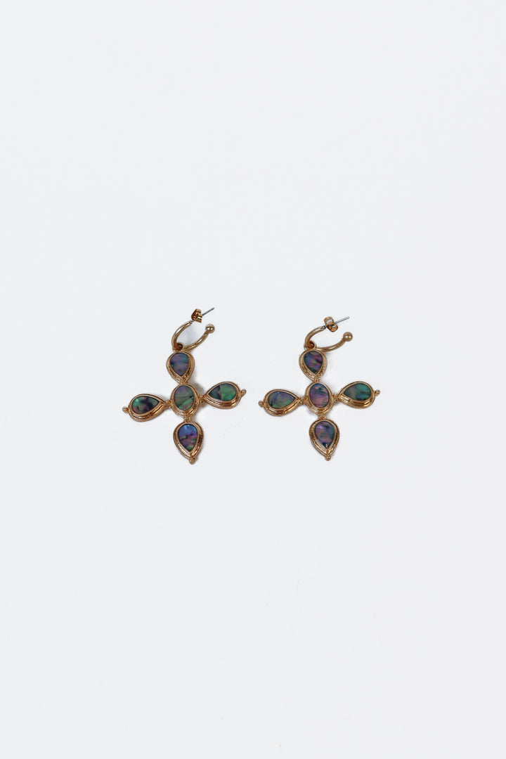 Gold/Iridescent Stone Cross Dangle Earrings