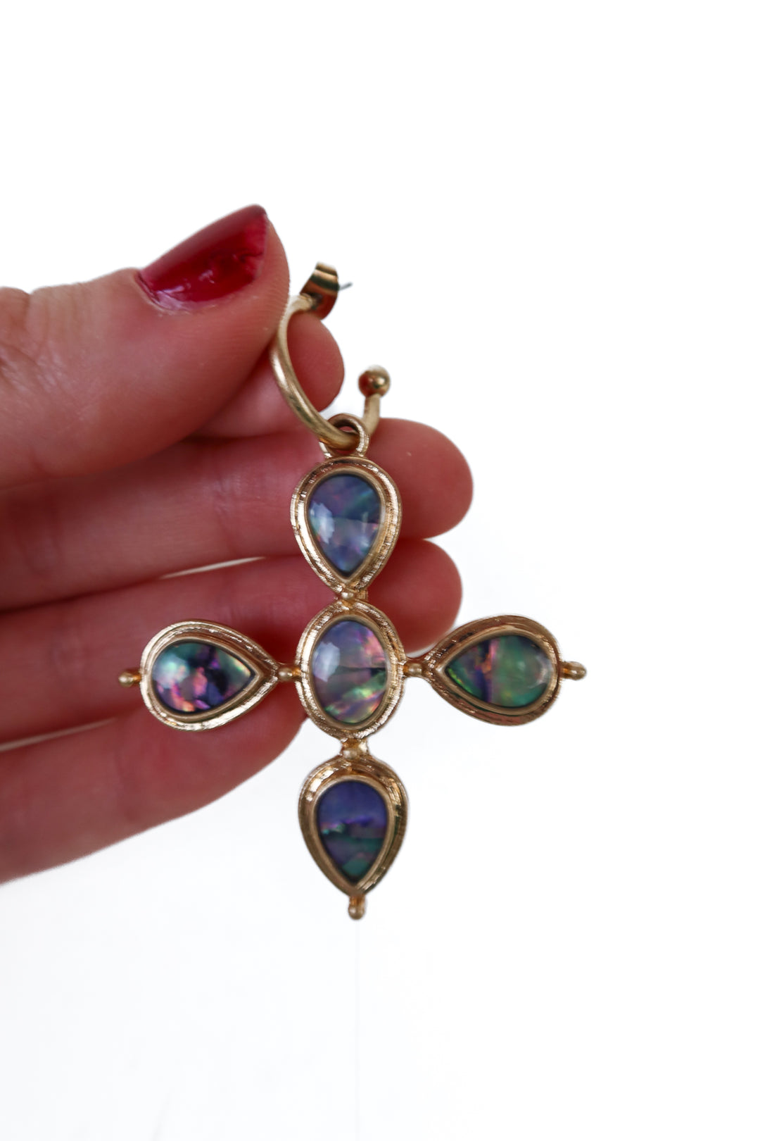 Gold/Iridescent Stone Cross Dangle Earrings