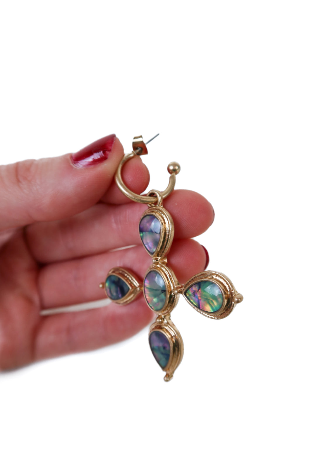 Gold/Iridescent Stone Cross Dangle Earrings