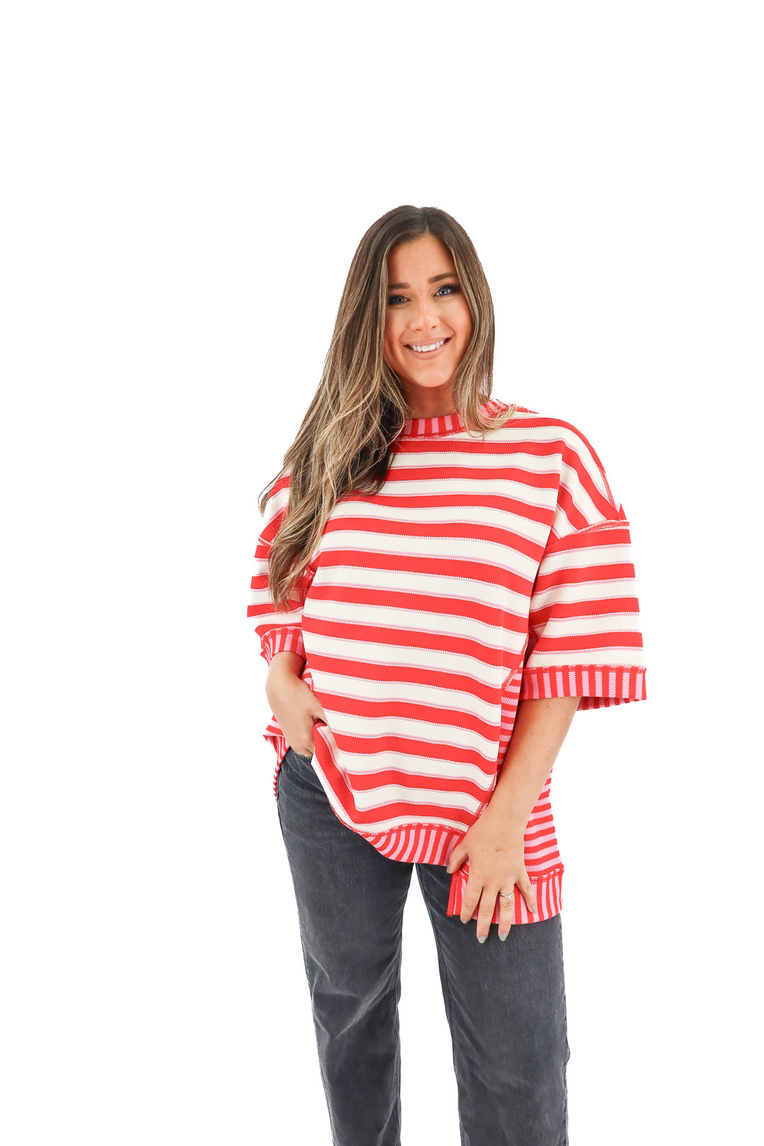 red/white/pink stripe top (M)