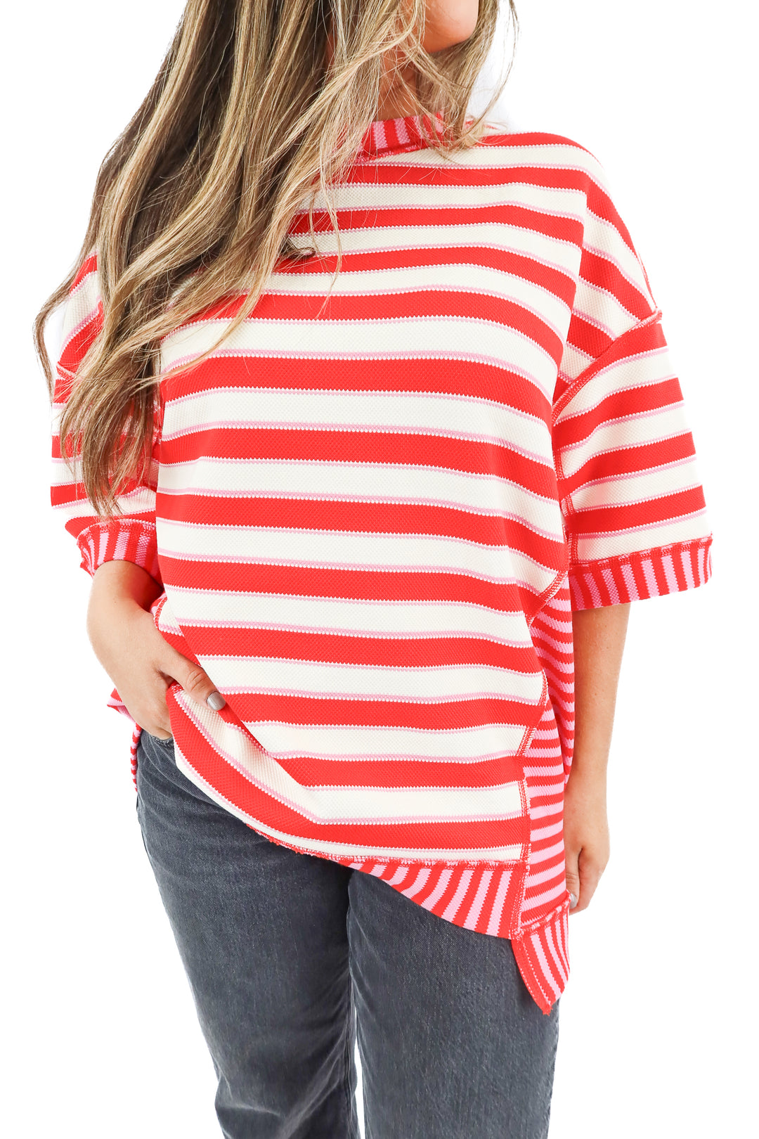 red/white/pink stripe top (M)