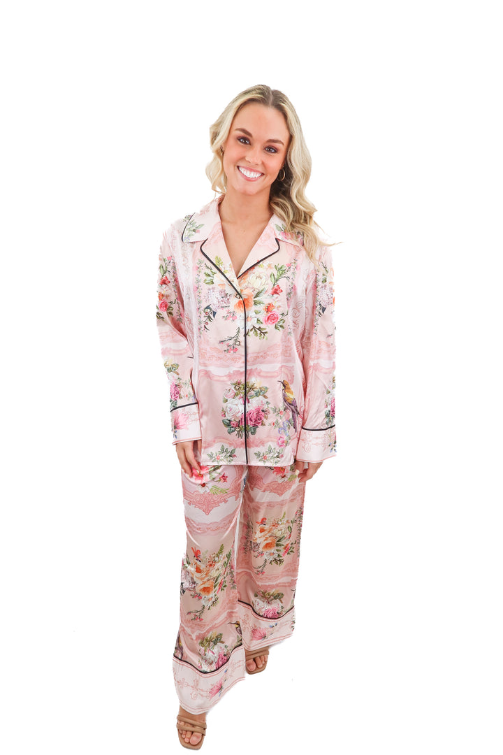 maison riche pink satin pj set (s; retail $400)
