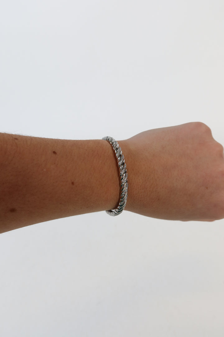 Silver/Pave Crystals Wavy Thin Cuff Bracelet