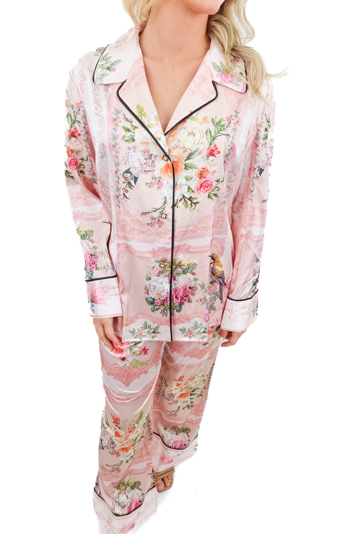 maison riche pink satin pj set (s; retail $400)