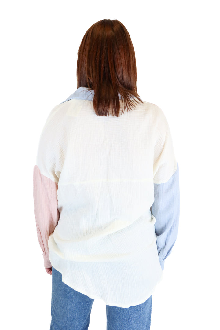 Color Block Long Sleeve  Button Down(M)
