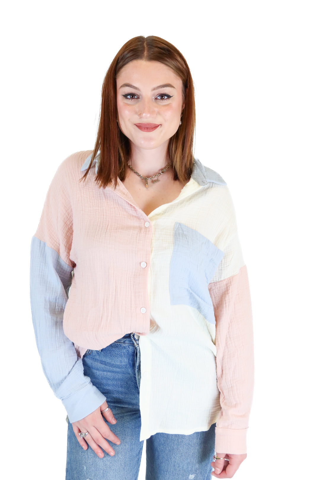 Color Block Long Sleeve  Button Down(M)