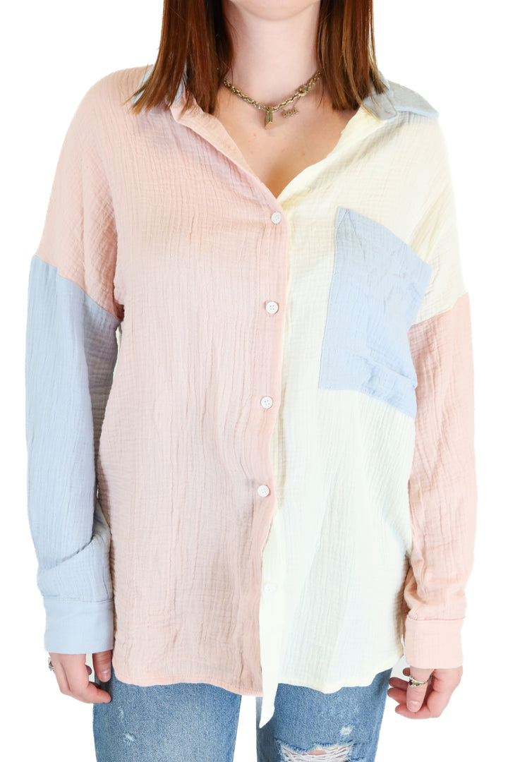 Color Block Long Sleeve  Button Down(M)