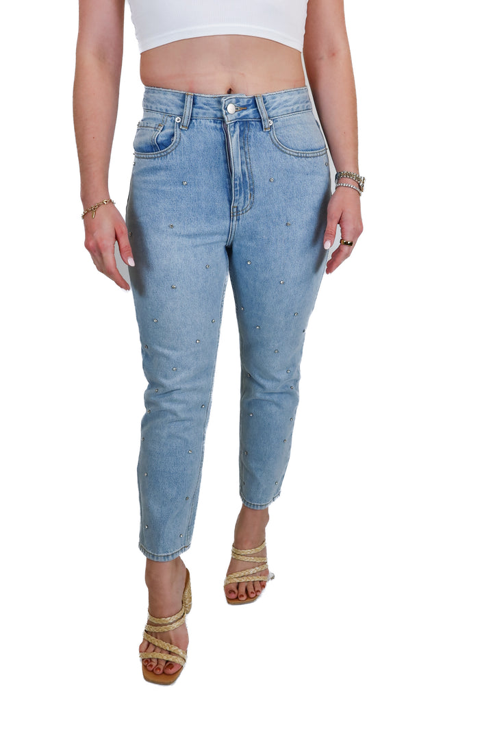 Showpo Light Blue Rhinestone Straight Leg Jeans NWT