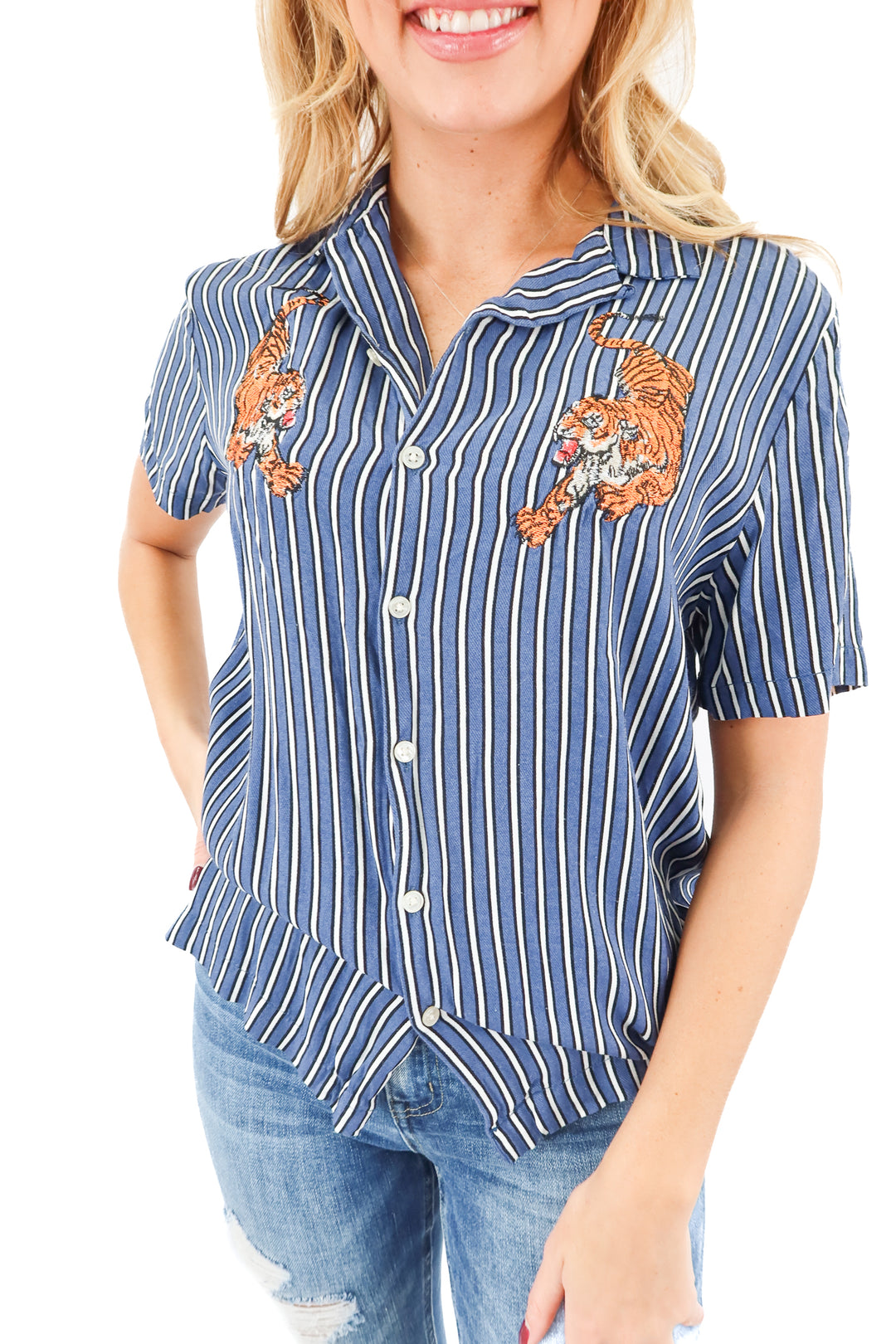 river island striped tiger button up top (m)