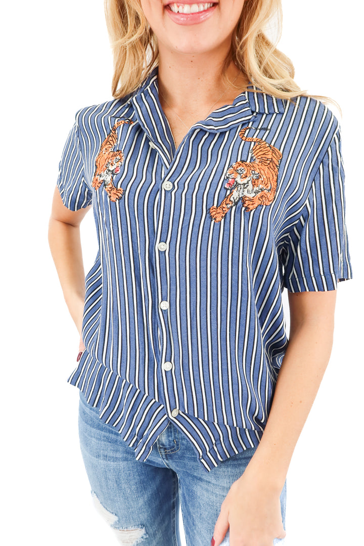 river island striped tiger button up top (m)