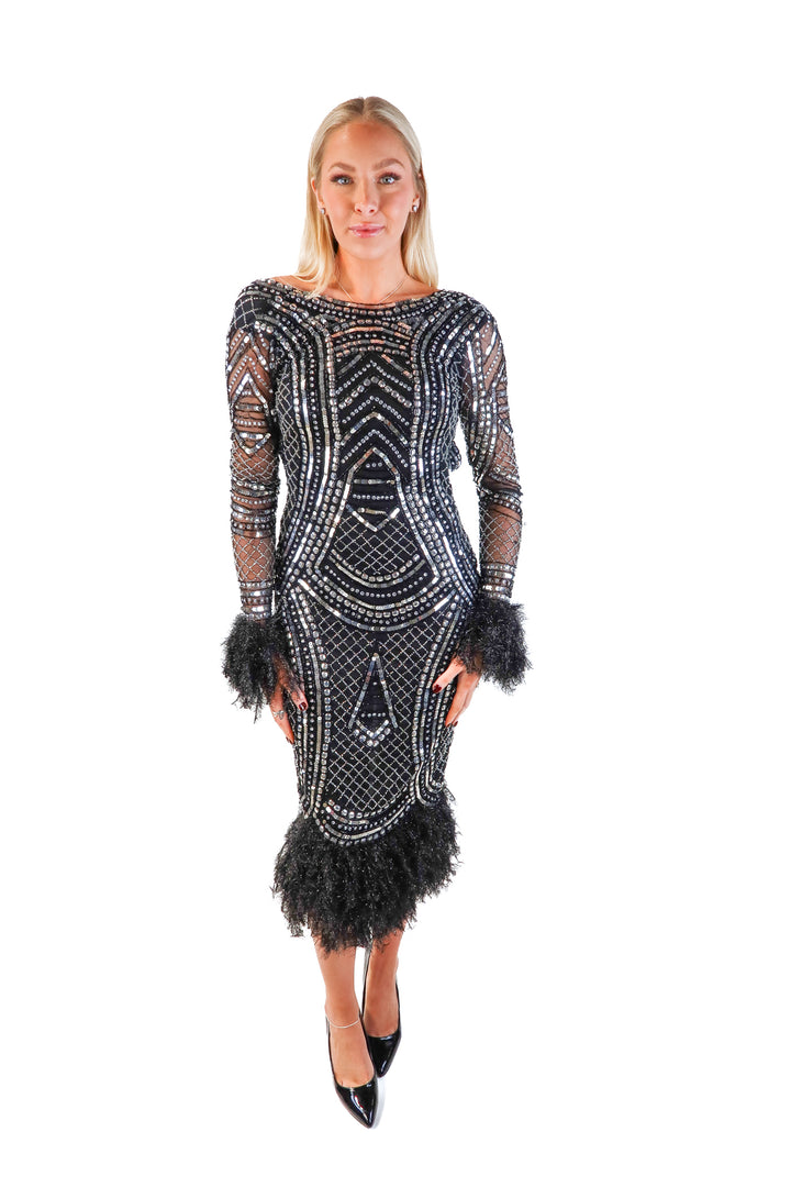 ASOS black sequin/beaded fur trim dress (0; retail $319)