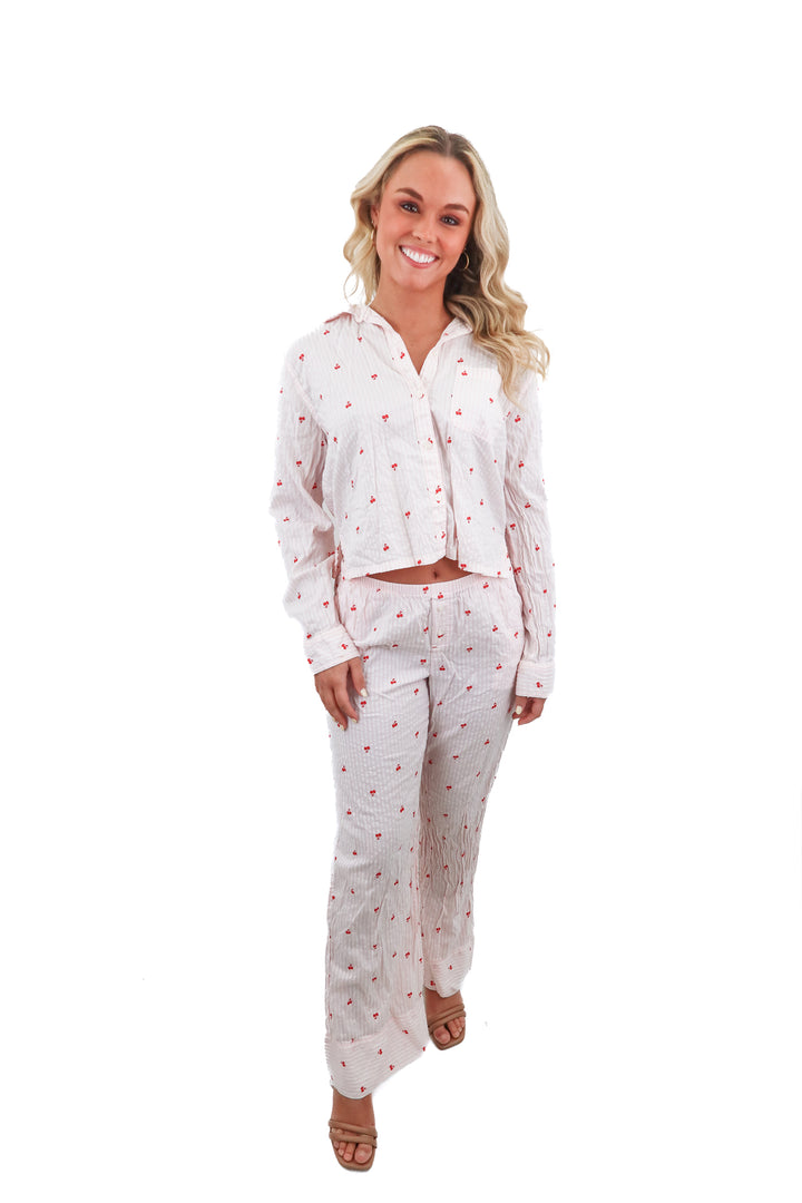 aerie pink stripe/cherry pj set (xs; retail $102)