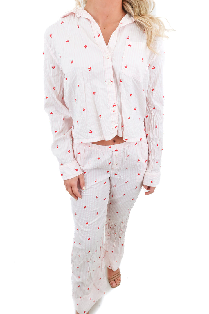 aerie pink stripe/cherry pj set (xs; retail $102)