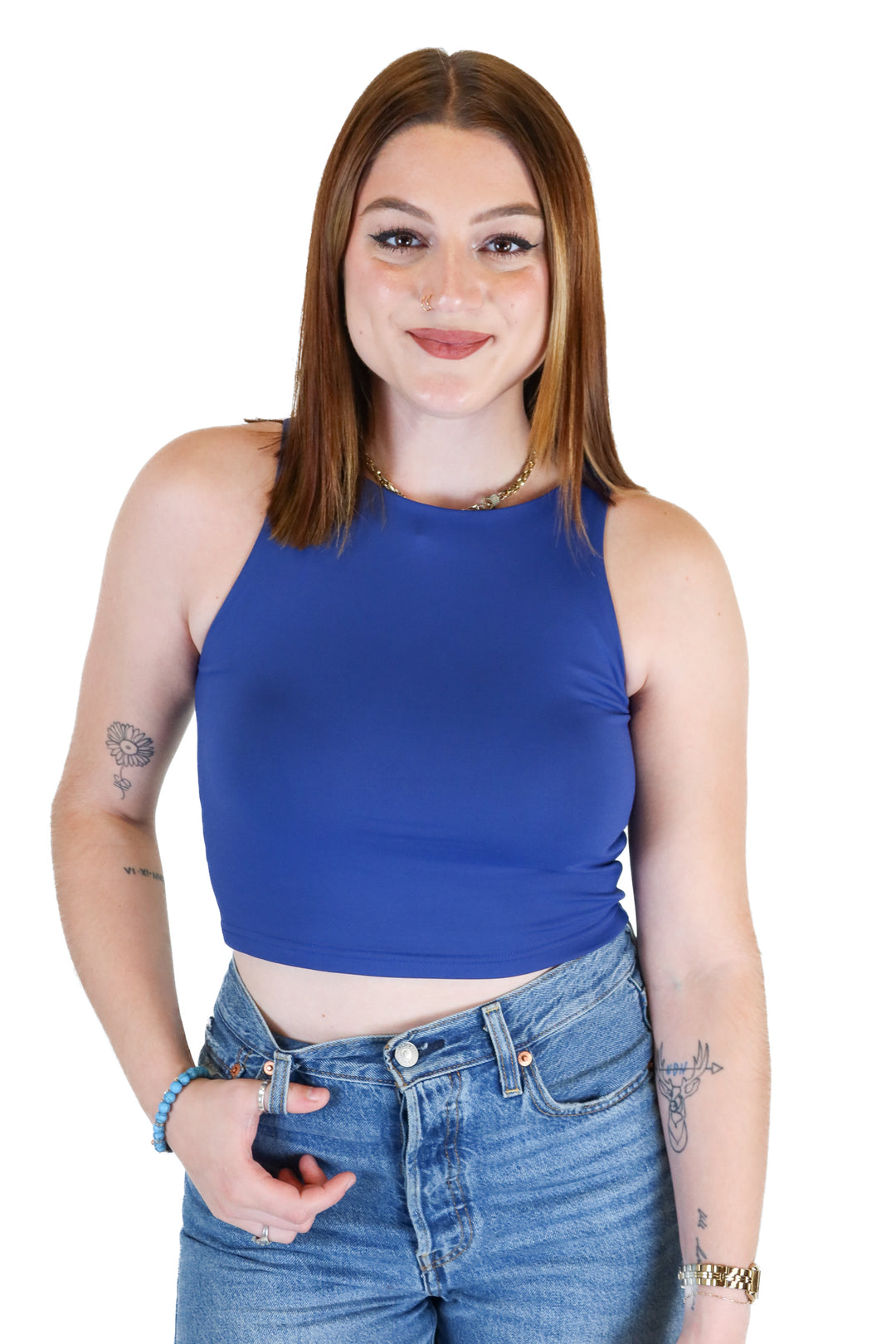 Reoria Blue High Neck Crop Tank Top (S)