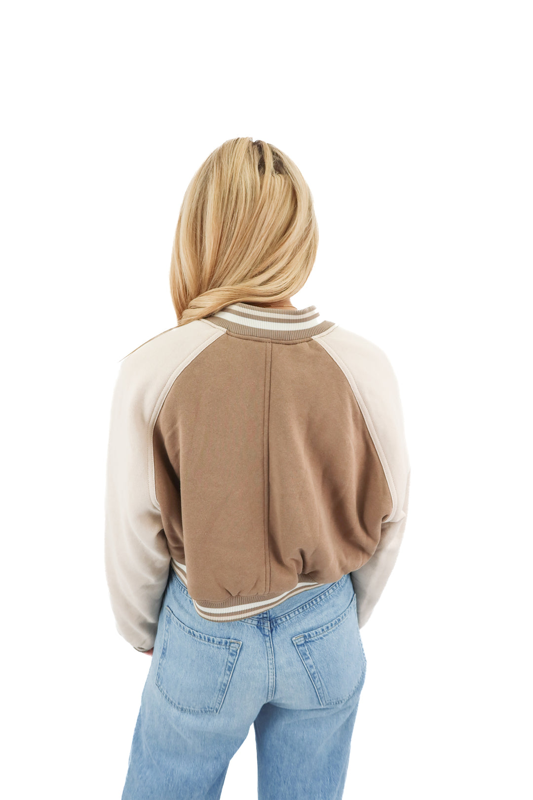 divided brown cropped bomber jacket (m)