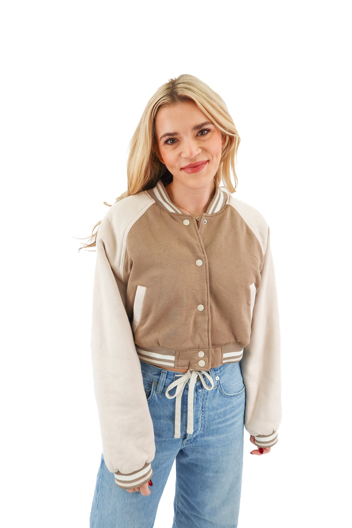 divided brown cropped bomber jacket (m)