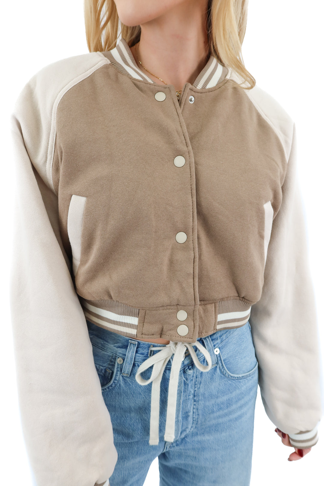 divided brown cropped bomber jacket (m)