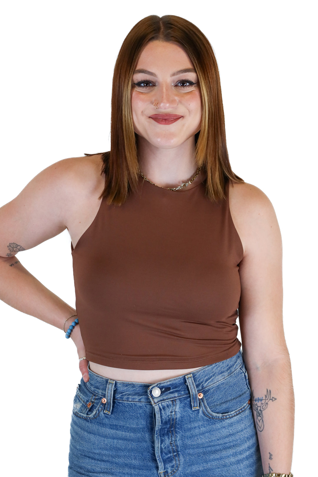 Reoria Brown High Neck Crop Tank Top (S)