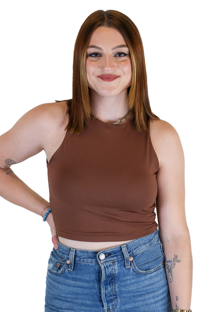 Reoria Brown High Neck Crop Tank Top (S)