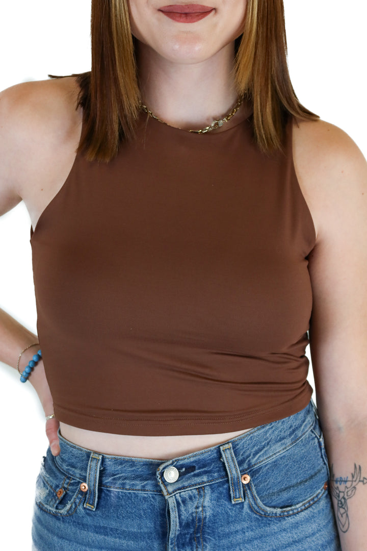 Reoria Brown High Neck Crop Tank Top (S)