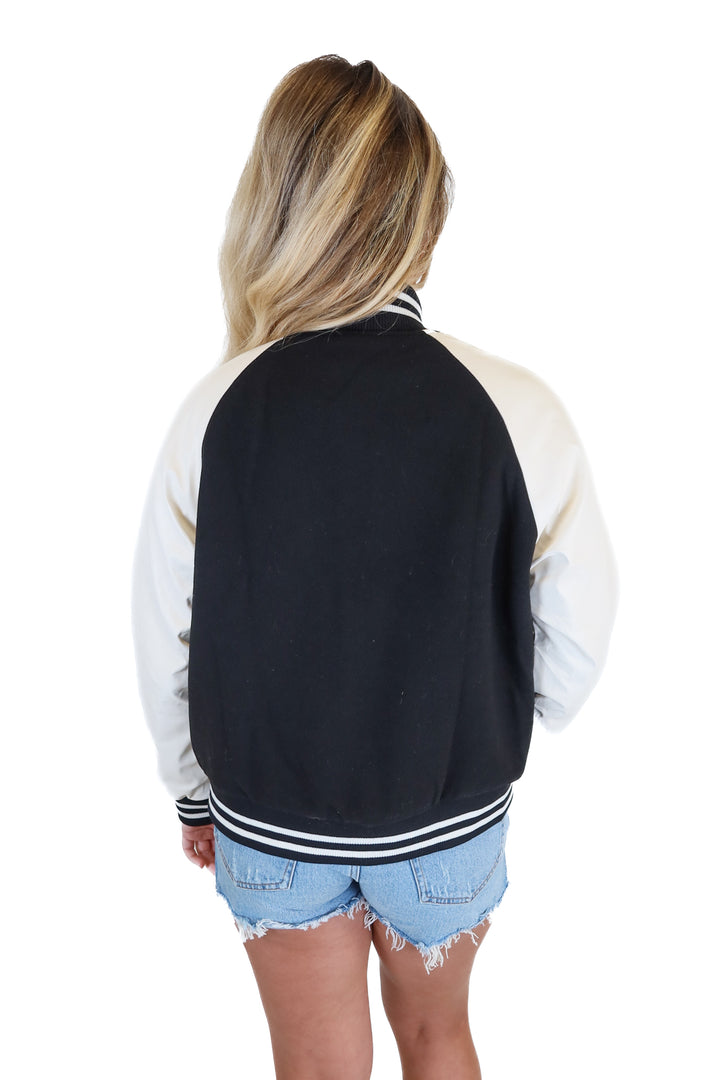 LOVE TREE Womens Faux Leather Sleeve Varsity Jacket (M)
