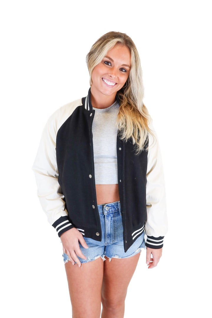 LOVE TREE Womens Faux Leather Sleeve Varsity Jacket (M)