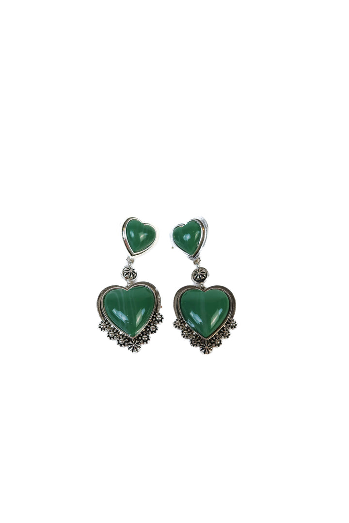 Forever 21 Green Stone/Silver Heart Dangle Earrings