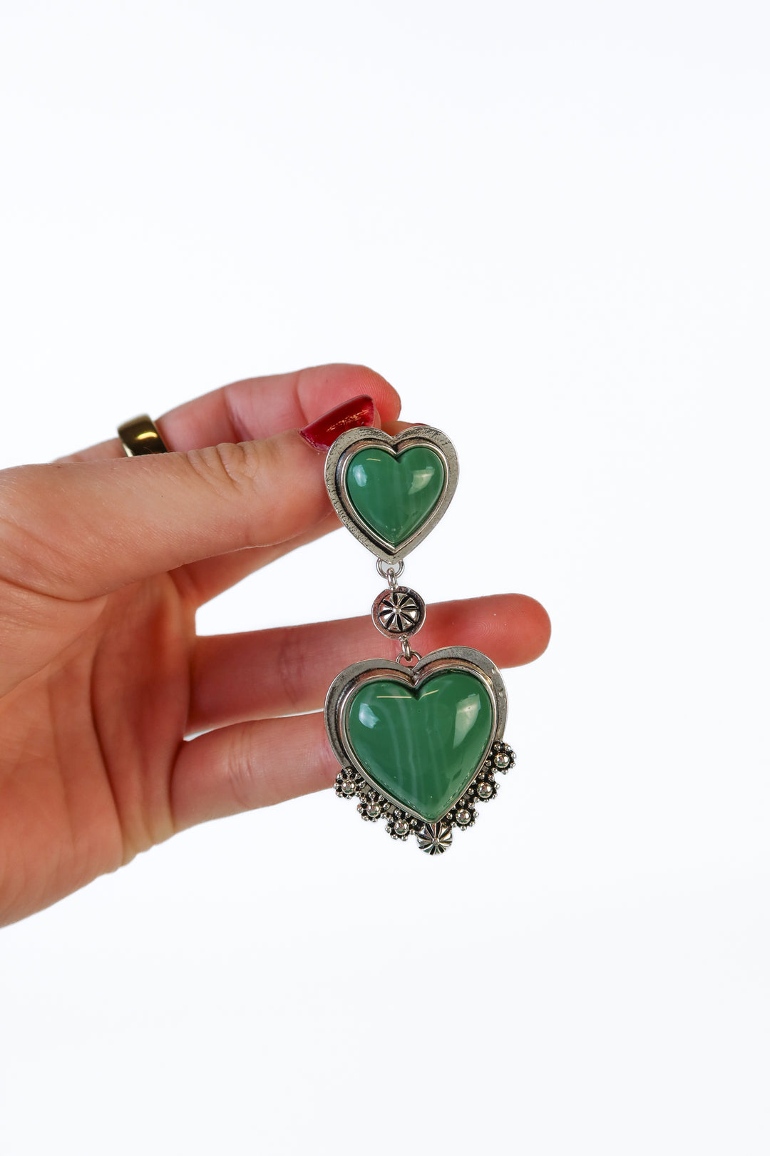 Forever 21 Green Stone/Silver Heart Dangle Earrings
