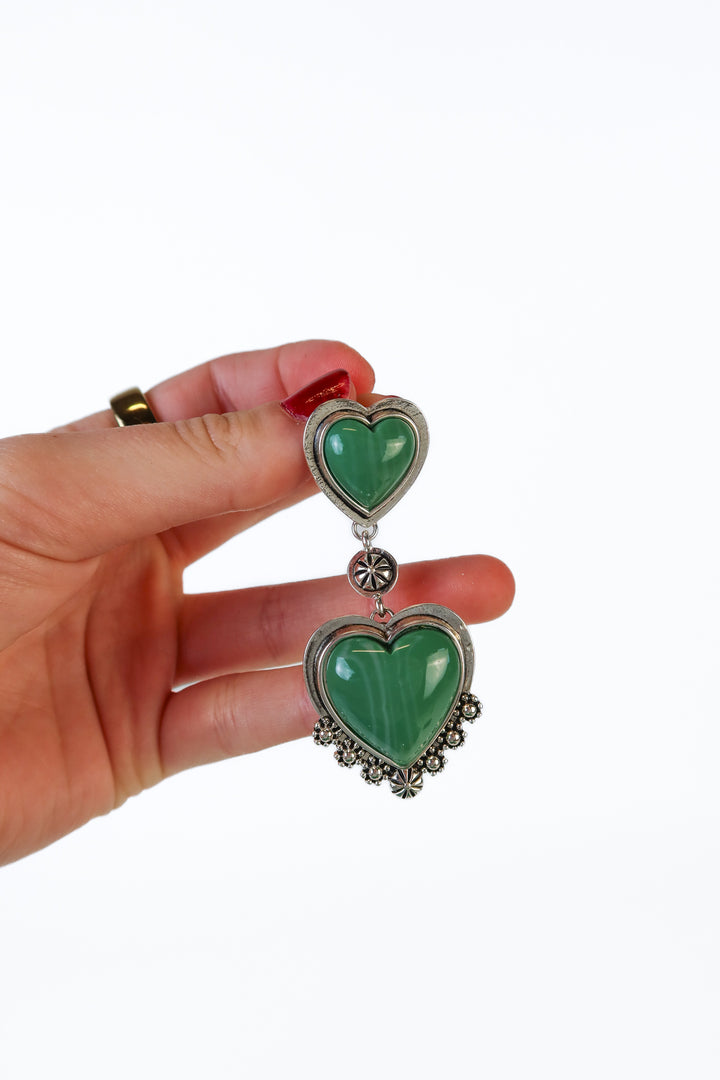 Forever 21 Green Stone/Silver Heart Dangle Earrings