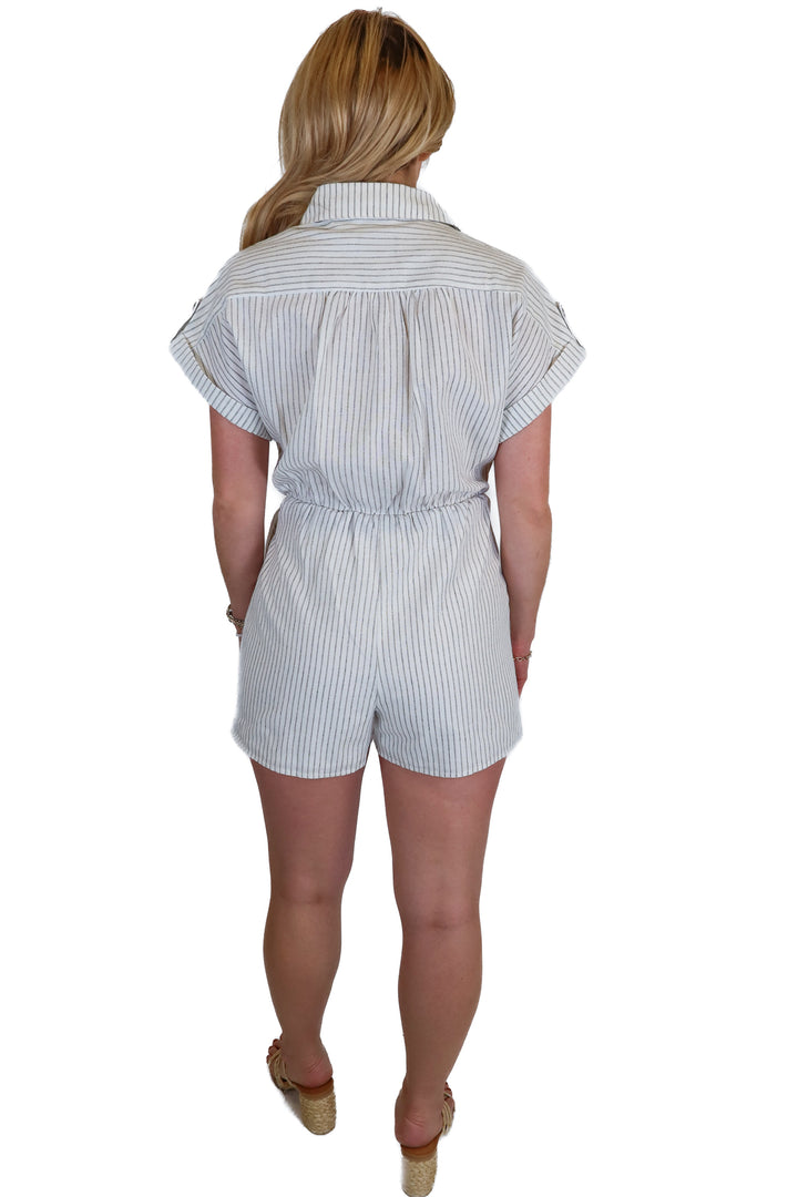 vici striped short sleeve wrap style romper (s)