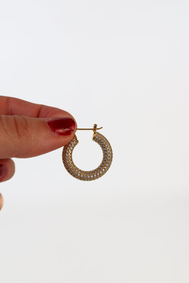 Gold/Pave Rhinestone Small Hoop Earrings