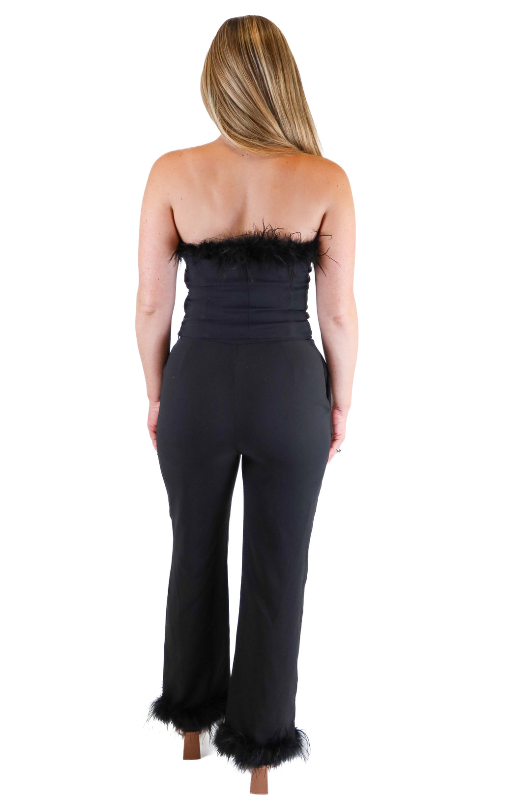 Lulus Black Feather Trim Cropped Top & Pant Set (S)