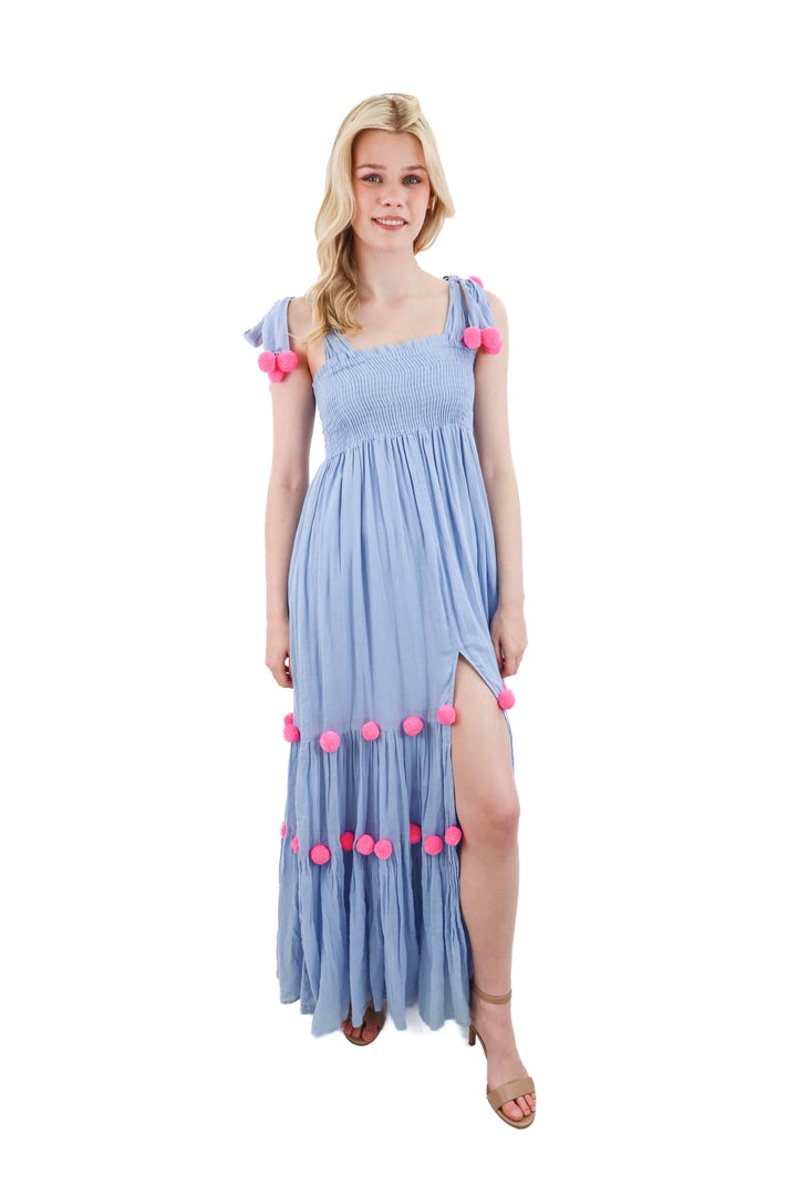 sundress blue and pink pom maxi dress (xs)