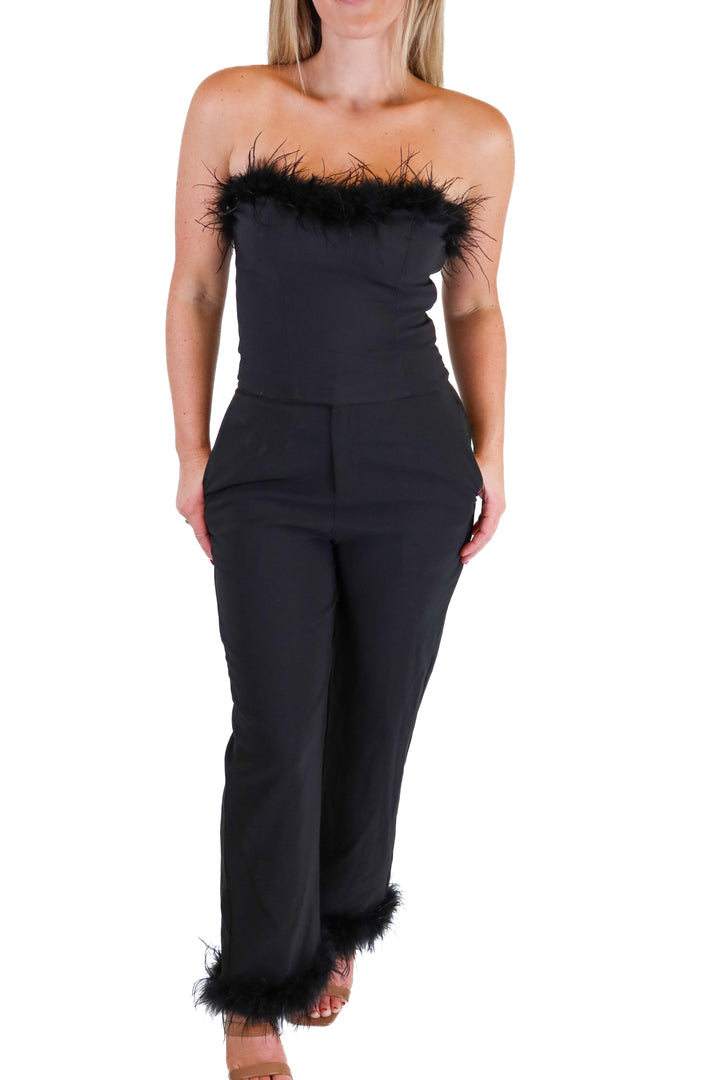 Lulus Black Feather Trim Cropped Top & Pant Set (S)