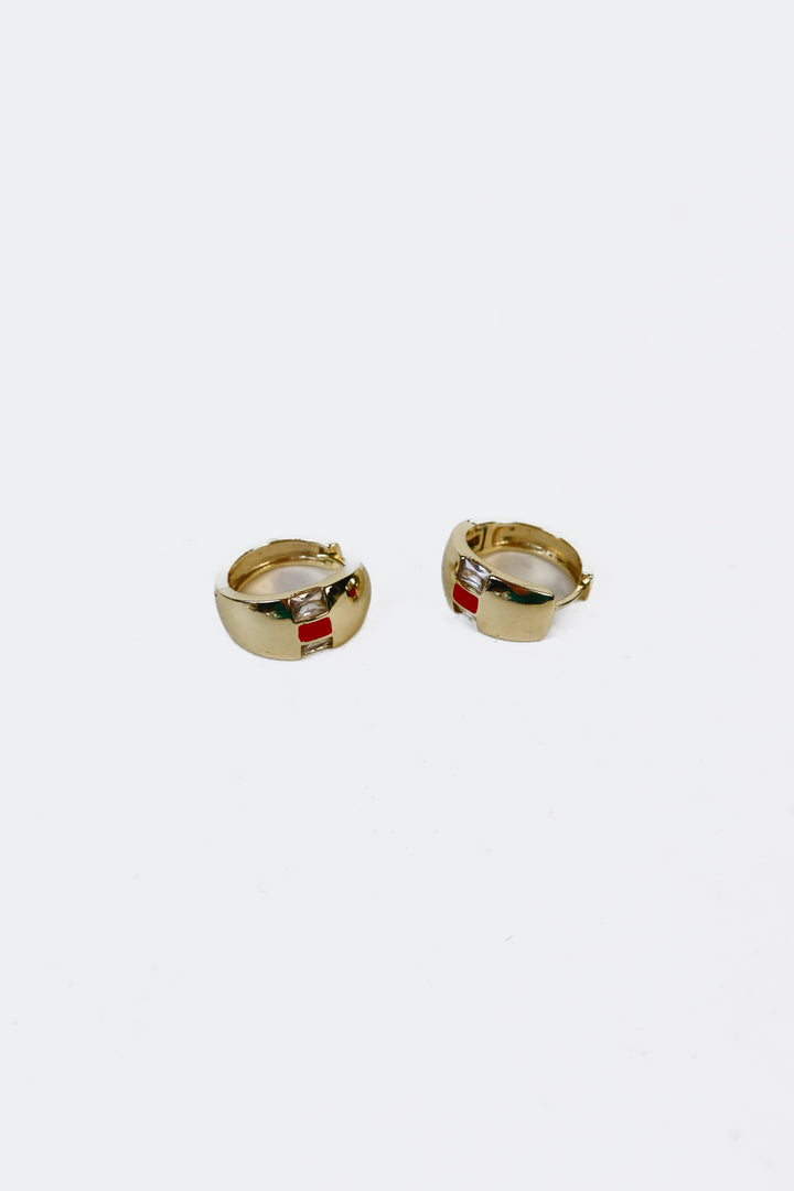 Gold/Diamond/Red Huggie Earrings