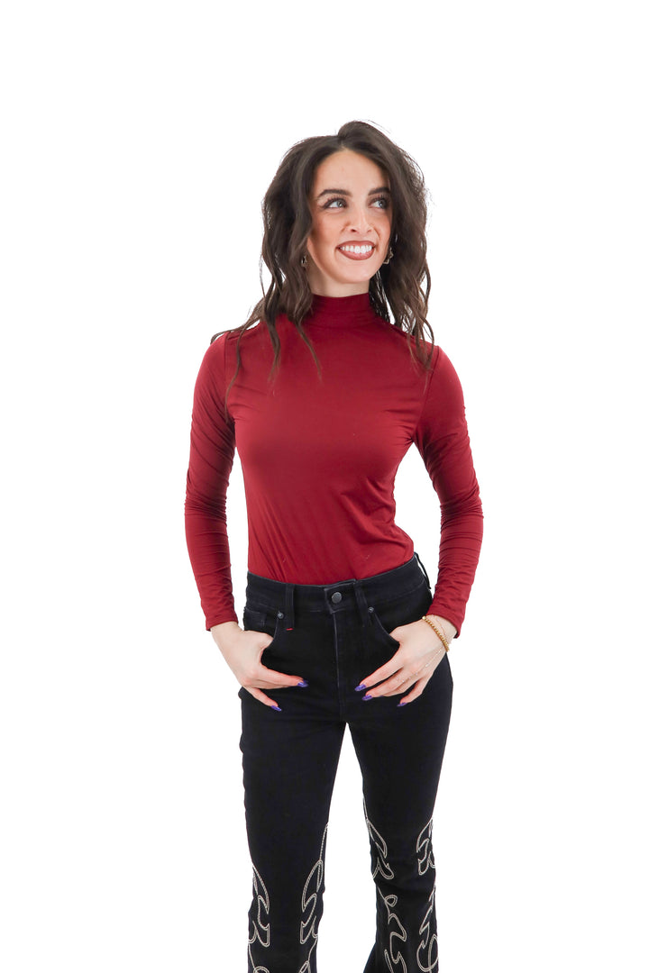 reoria maroon mock neck long sleeve bodysuit (m; retail $35)