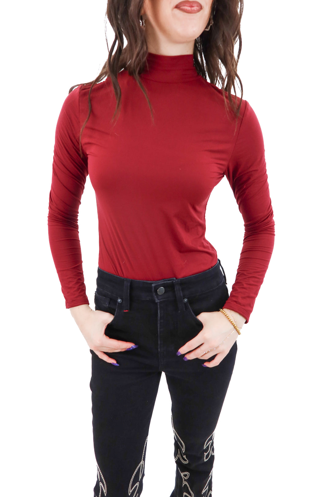 reoria maroon mock neck long sleeve bodysuit (m; retail $35)