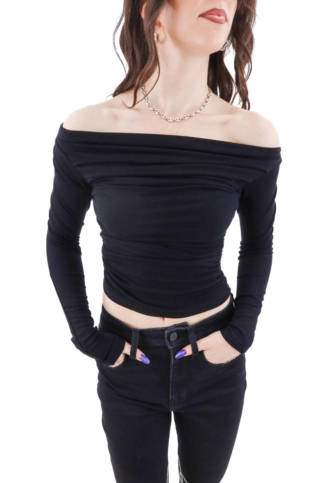 darong black off the shoulder ruched top (s)