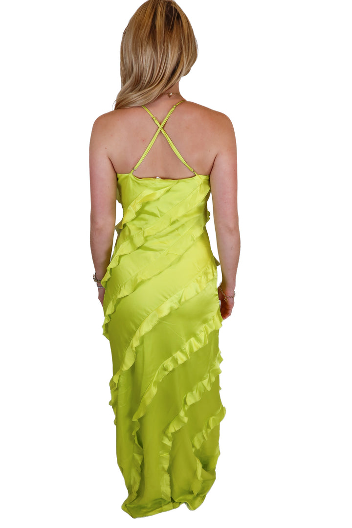show me your mumu lime green ruffle maxi dress (s)