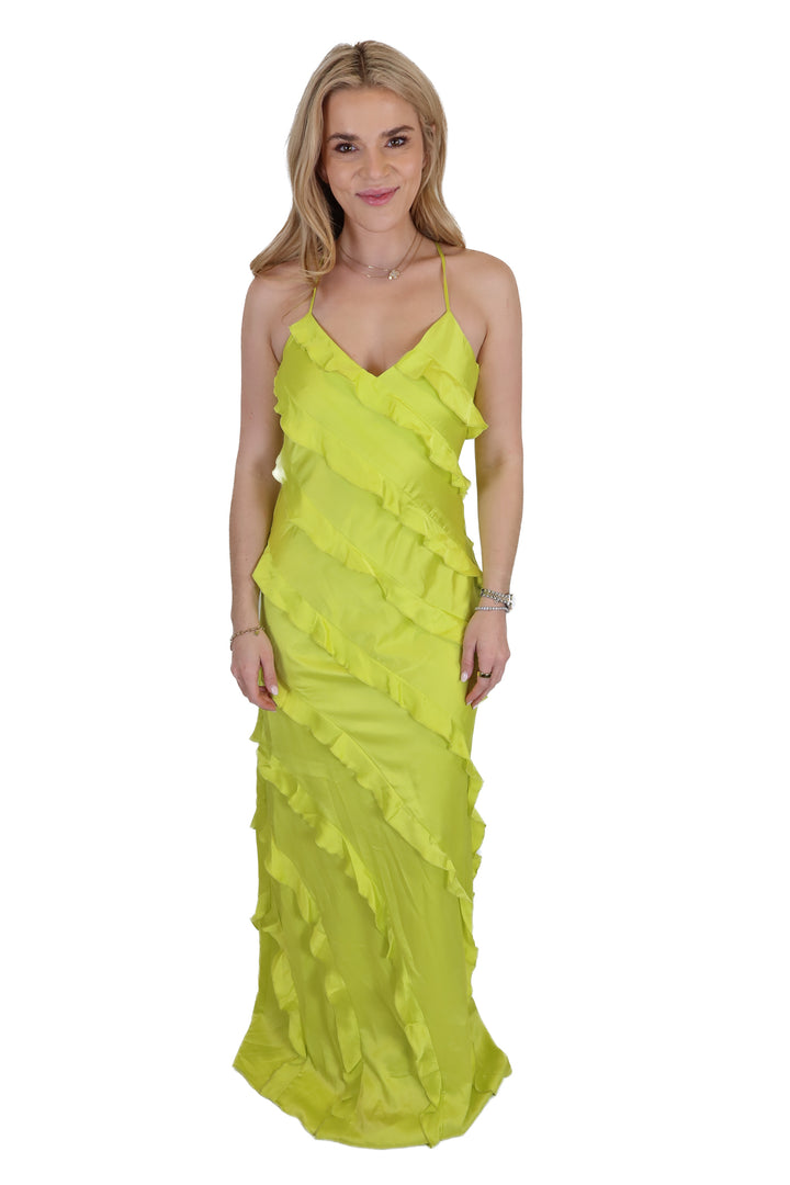 show me your mumu lime green ruffle maxi dress (s)
