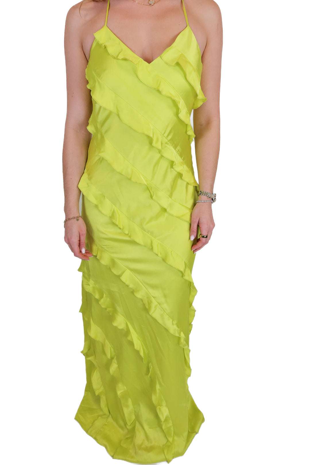 show me your mumu lime green ruffle maxi dress (s)