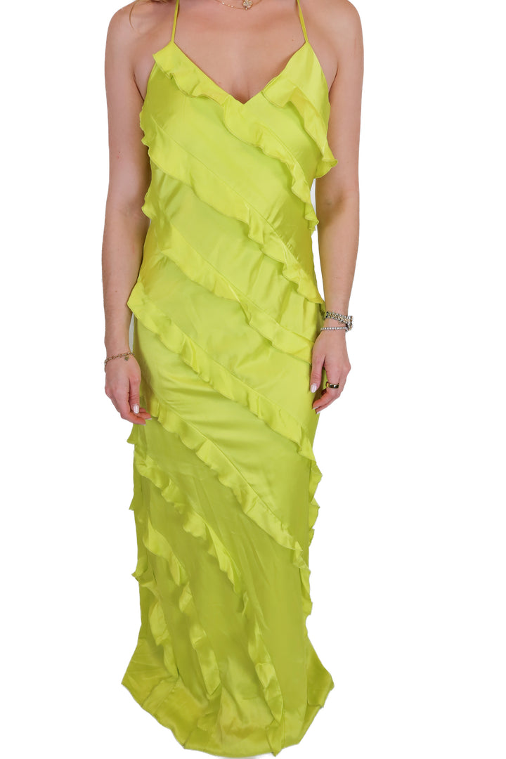 show me your mumu lime green ruffle maxi dress (s)