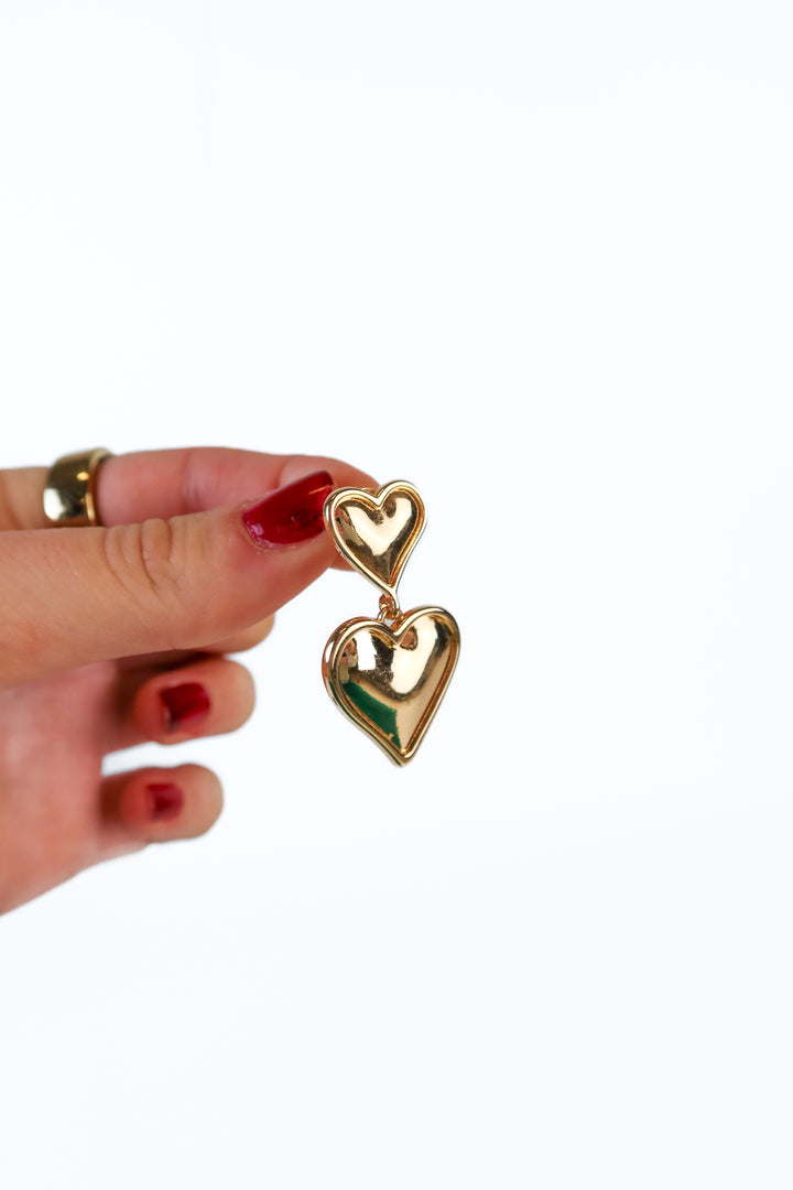 Gold Double Heart Drop Earrings