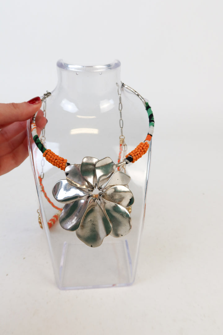 Allie + Bess Beaded Layered Flower Pendant Statement Necklace