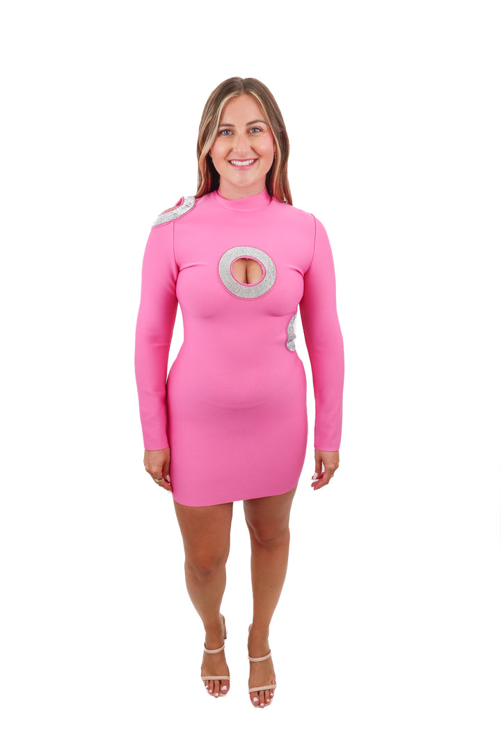 fashion nova pink rhinestone cut out dress (L)