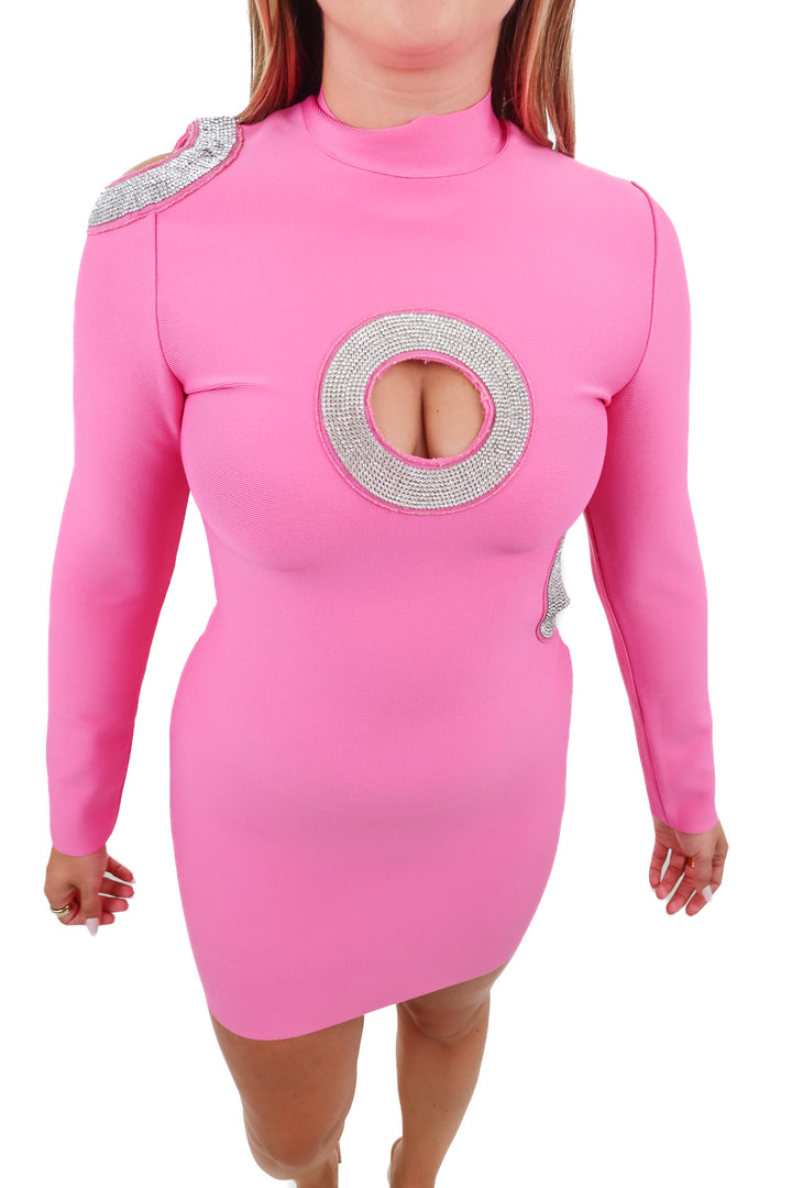 fashion nova pink rhinestone cut out dress (L)